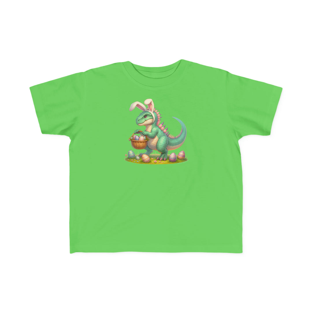 Eggosaurus Toddler Tee featuring a cartoon dinosaur with eggs, ideal for sensitive skin. Made of 100% cotton, light fabric, classic fit, and tear-away label, perfect for little adventurers.