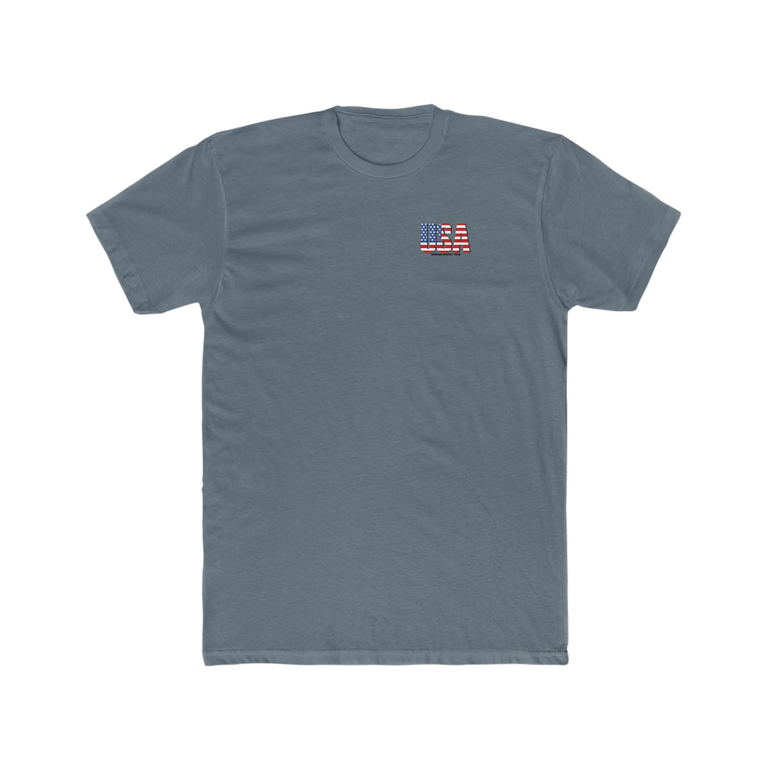 United We Stand Tee: A premium fitted grey t-shirt featuring a logo, ideal for workouts or daily wear. Made of 100% combed, ring-spun cotton, with a light fabric feel. Sizes range from XS to 4XL.