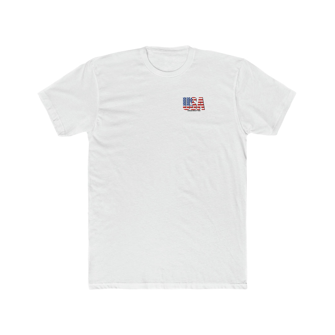A premium fitted white tee with a logo, ideal for workouts or daily wear. Made of 100% combed, ring-spun cotton, light fabric, tear-away label, and a statement print. Sizes XS to 4XL.