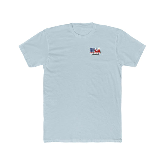 A premium United We Stand Tee, featuring a logo with stars and stripes on a white t-shirt. Comfy, light, 100% cotton fabric with a tear-away label, ideal for workouts or daily wear.