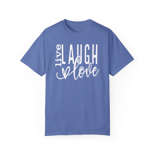 A relaxed fit Live Laugh Love Tee crafted from 100% ring-spun cotton. Garment-dyed for coziness, featuring double-needle stitching for durability and a seamless design for a tubular shape.