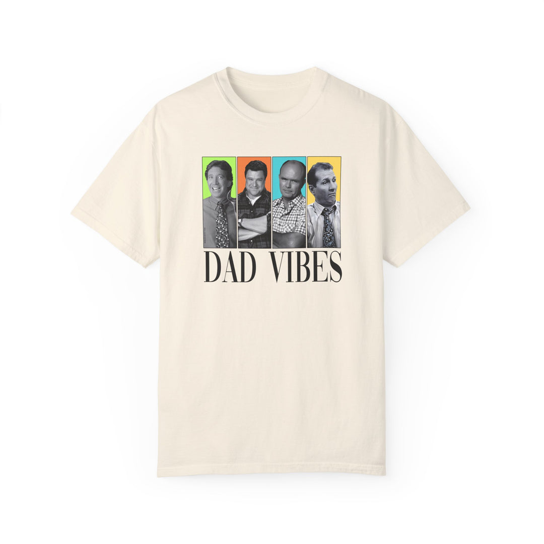 A white Dad Vibes Tee featuring a group of men, made of 100% ring-spun cotton. Relaxed fit, double-needle stitching, no side-seams for durability and comfort. From Worlds Worst Tees.