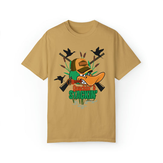 Alt text: Quackin' and Stackin' Tee: Unisex t-shirt featuring a duck with a hat design. Made of 80% ring-spun cotton and 20% polyester. Relaxed fit with rolled-forward shoulder for comfort. From Worlds Worst Tees.