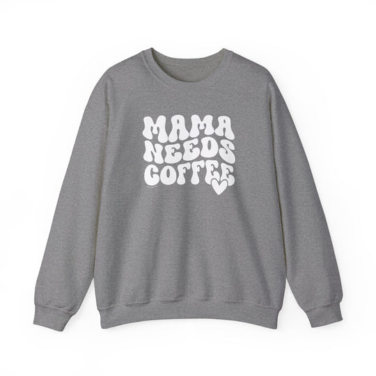 Unisex Mama Needs Coffee Crew sweatshirt, a cozy blend of 50% cotton and 50% polyester. Ribbed knit collar, no itchy seams, loose fit, medium-heavy fabric. Sizes S-5XL. Ideal for comfort in any situation.