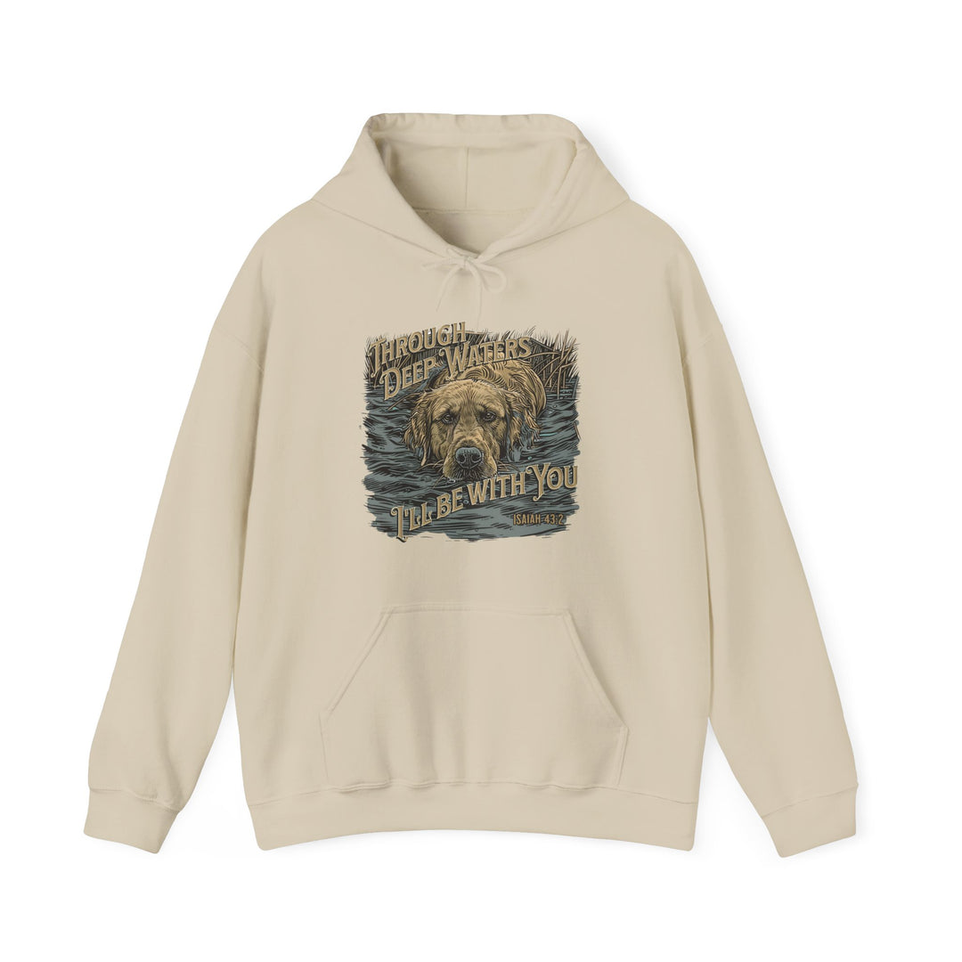 Unisex Through Deep Waters Hunting Hoodie, a cozy blend of cotton and polyester. Features kangaroo pocket, no side seams, and drawstring hood. Medium-heavy fabric, tear-away label, classic fit. Sizes S-5XL.