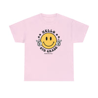 Hello 8th Grade Tee: Pink shirt with yellow smiley face and peace sign hand. Premium fitted men’s shirt, ribbed knit collar, roomy fit, 100% cotton. Comfy and light for workouts or daily wear.