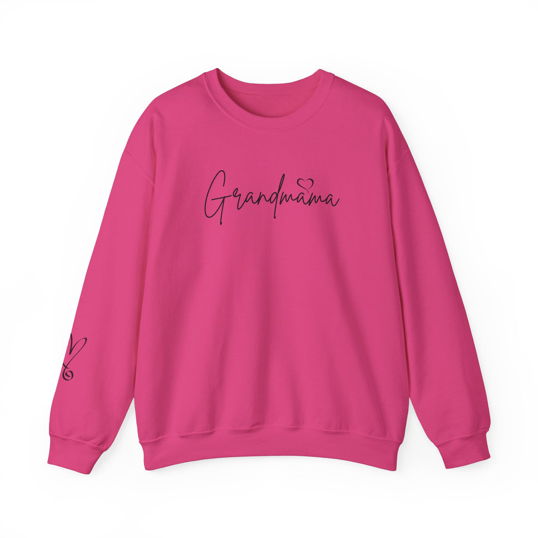 Unisex Grandmama Crew sweatshirt, pink with black text and heart details. 50% cotton, 50% polyester, ribbed knit collar, loose fit, medium-heavy fabric. Ideal for comfort in any situation.