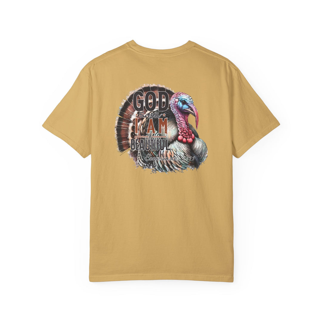 A ring-spun cotton t-shirt featuring a turkey design. Garment-dyed for extra coziness, with double-needle stitching for durability. Relaxed fit for daily wear. From Worlds Worst Tees: I am Beautiful Tee.