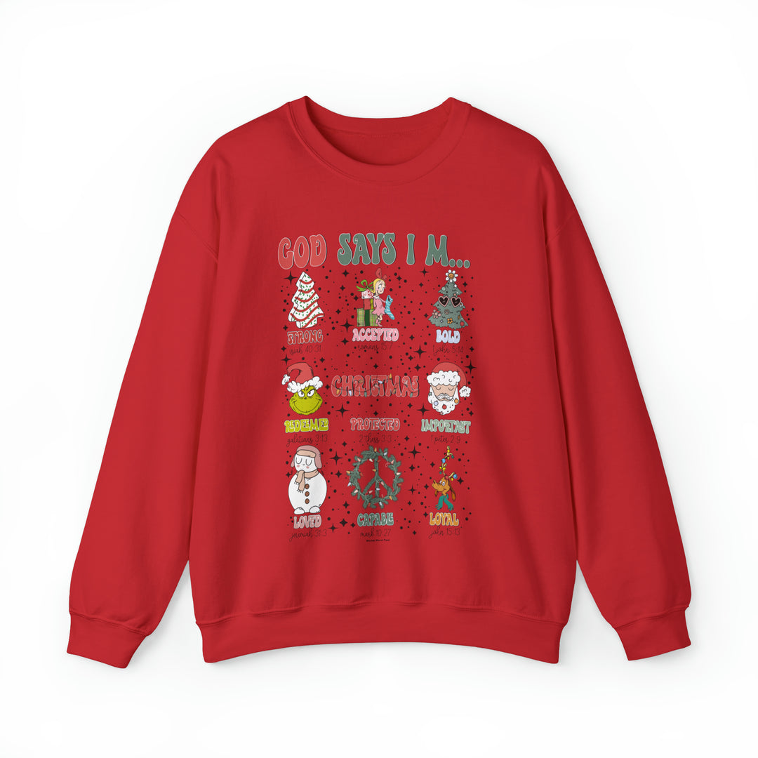 A cozy unisex crewneck sweatshirt featuring various designs like a peace sign, Santa Claus, and a snowman. Made of cotton and polyester blend for comfort and durability. Product title: God Says I'm Crew.