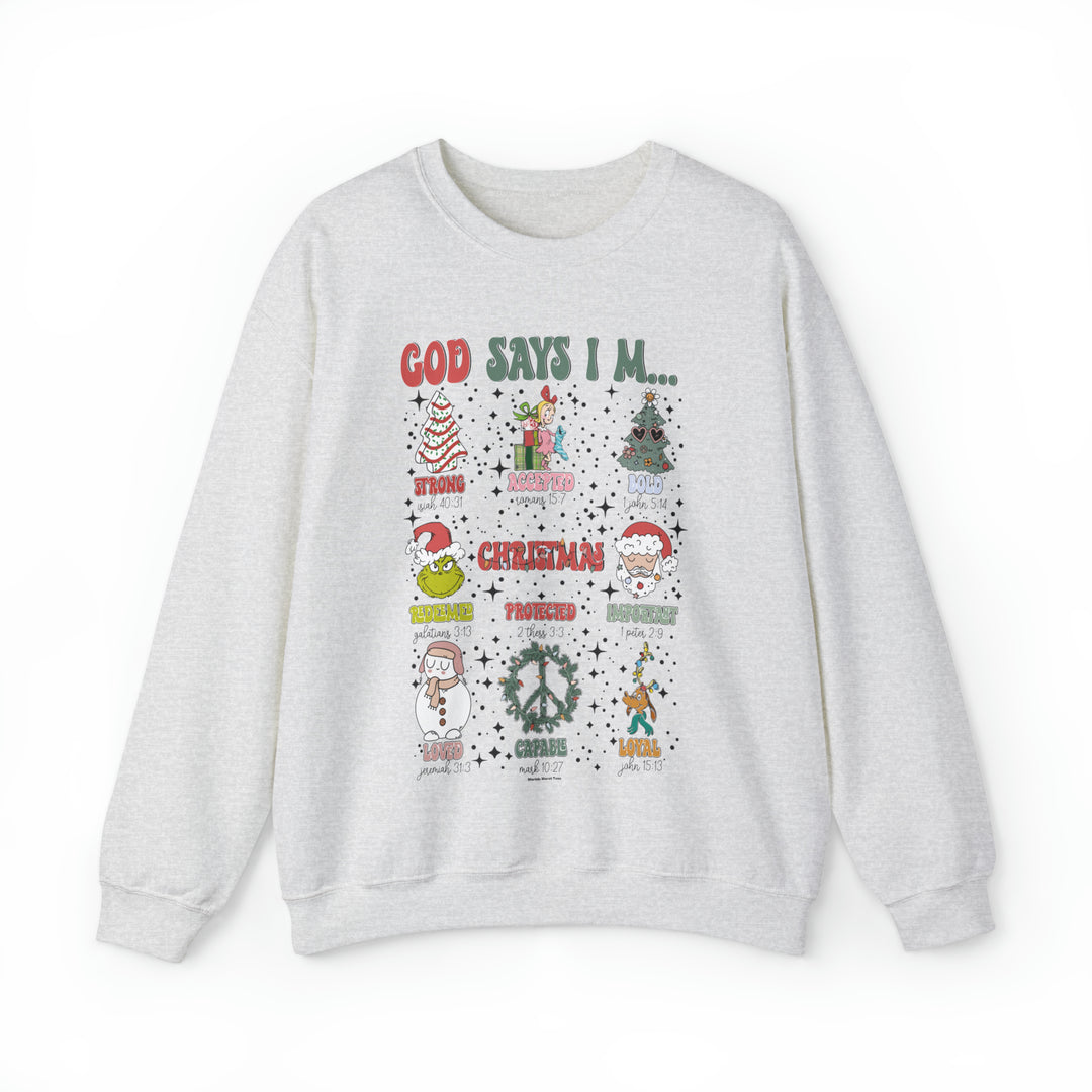 A white crewneck sweatshirt with various Christmas designs including Santa Claus, snowman, Christmas tree, and a peace sign. Unisex heavy blend, ribbed knit collar, no itchy side seams. God Says I'm Crew by Worlds Worst Tees.