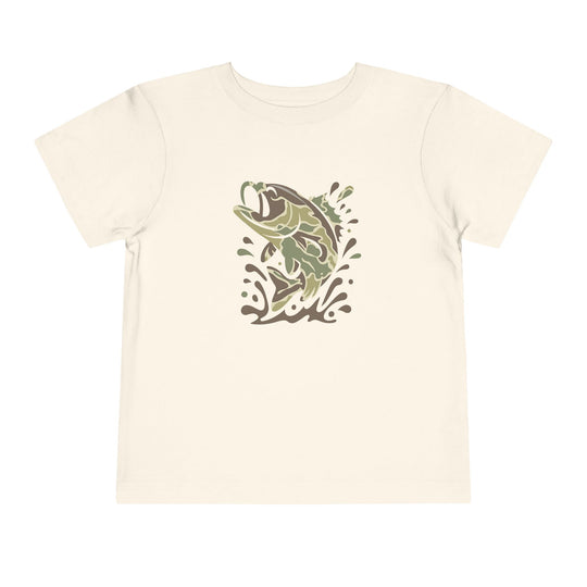 Camo Fish Toddler Tee featuring a stylized bass leaping from water on a light-cream shirt, crafted from 100% Airlume cotton for comfort.