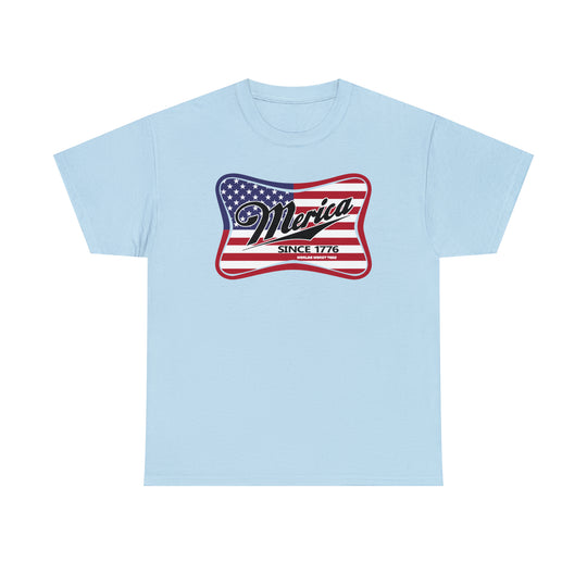 Unisex Merica Tee: A classic staple in heavy cotton, featuring a flag design. Seamless, durable, with ribbed knit collar. 100% cotton, medium weight, classic fit. Sizes S-5XL.