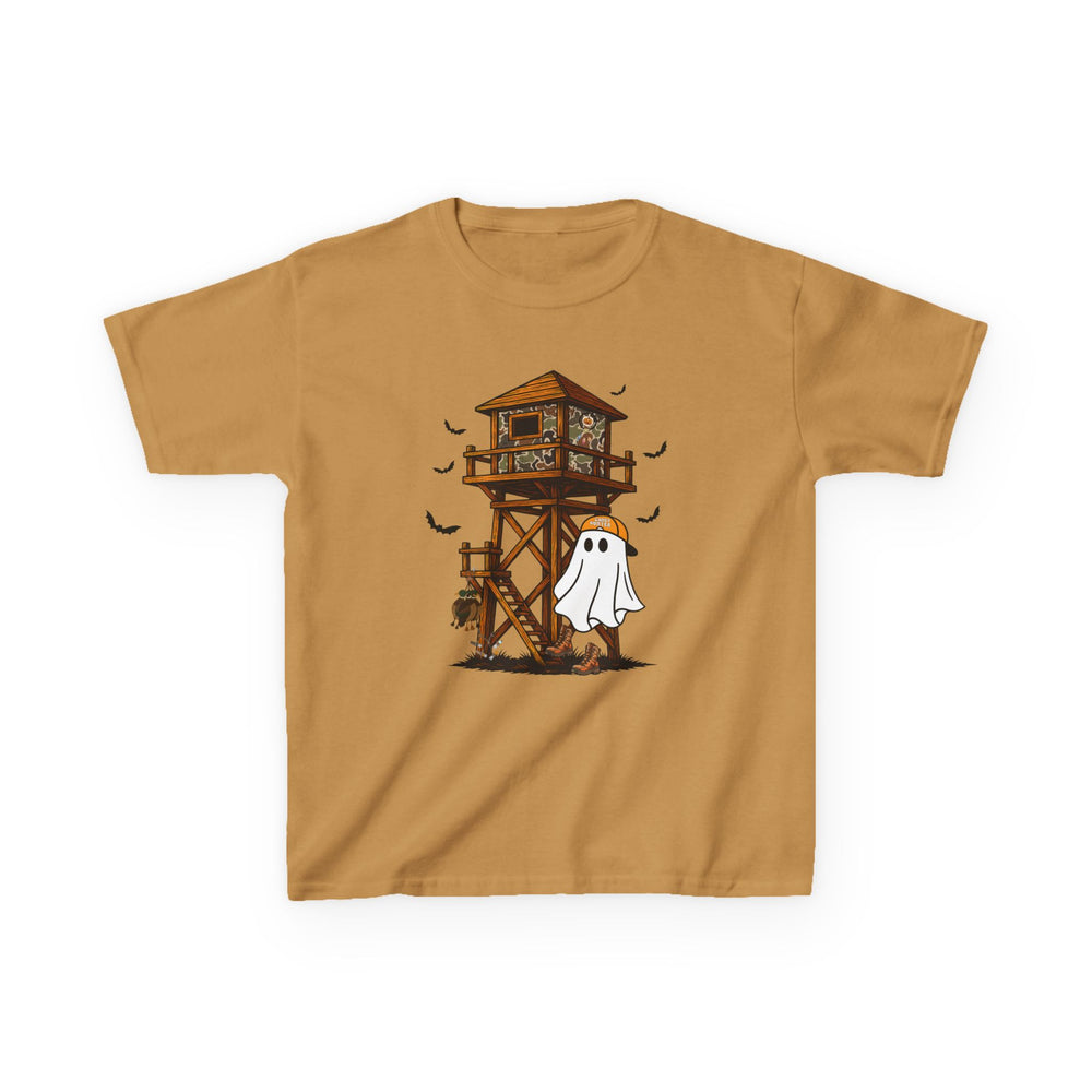 Ghost Hunter Kids Tee with a whimsical Halloween scene featuring a deer-stand, friendly ghost in an orange cap, bats, and pumpkins, perfect for everyday wear.