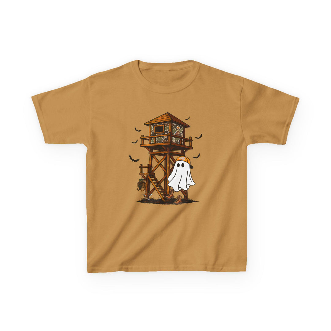 Ghost Hunter Kids Tee with a whimsical Halloween scene featuring a deer-stand, friendly ghost in an orange cap, bats, and pumpkins, perfect for everyday wear.