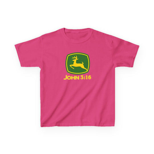 John 3:16 Kids Tee featuring a pink, short-sleeve shirt with a green-and-yellow parody logo of a leaping deer and bold yellow text.