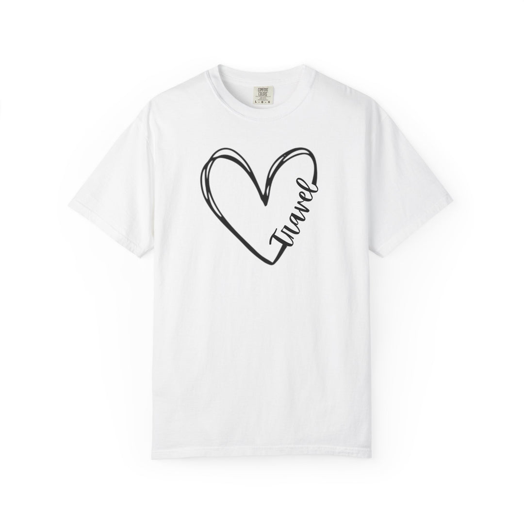 Plain white Travel Tee with a black heart line-drawing featuring the word Travel on the front. Designed for comfort with soft, durable ring-spun cotton.
