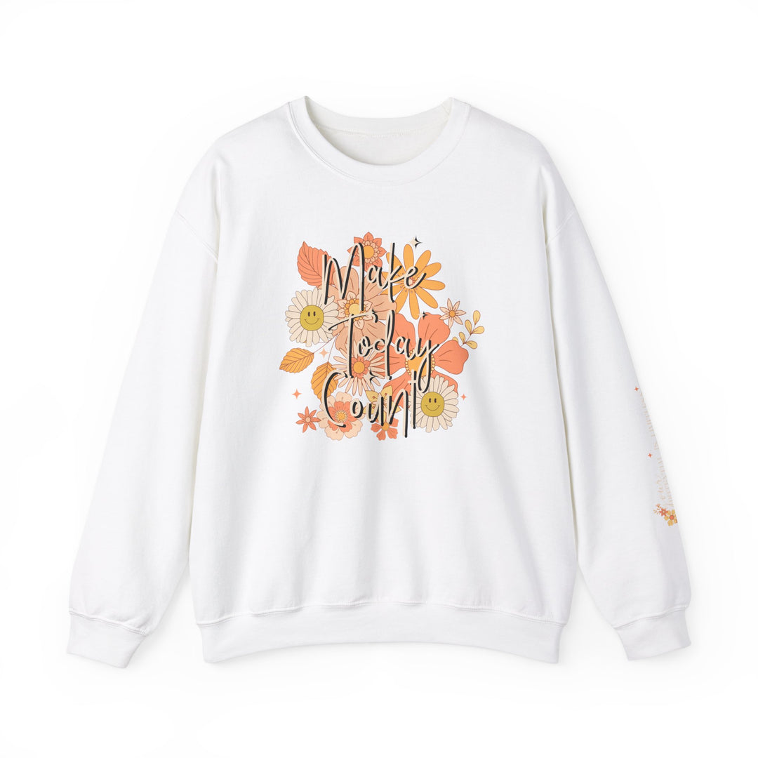 A heavy blend crewneck sweatshirt featuring white with orange flowers, ideal for all occasions. Unisex, 50% cotton, 50% polyester, ribbed knit collar, no itchy side seams, loose fit. From Worlds Worst Tees.