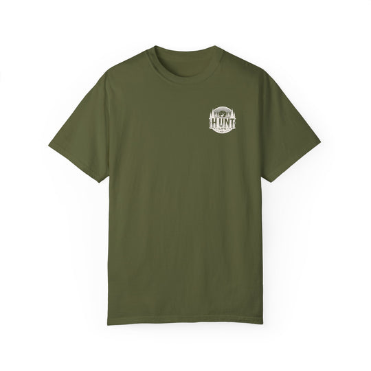 A relaxed fit Raise Um Right Tee, a green t-shirt with a deer and trees logo, made of 100% ring-spun cotton. Durable double-needle stitching, no side-seams, and medium weight fabric for daily comfort.