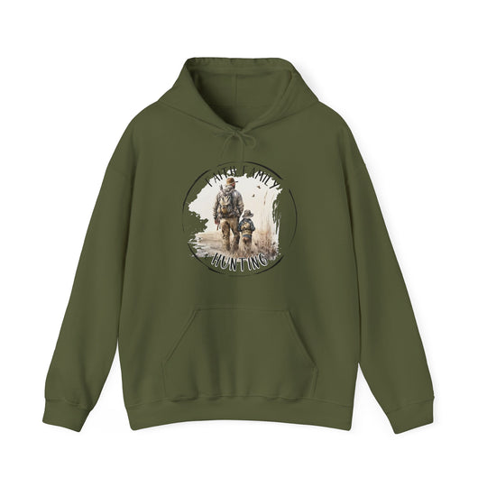 A green sweatshirt featuring a man on a horse, ideal for hunting enthusiasts. Unisex heavy blend for comfort, cotton-polyester mix, kangaroo pocket, and drawstring hood. Faith Family Hunting Hoodie from Worlds Worst Tees.