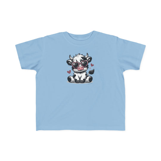 Cute Cow Toddler Tee featuring a cartoon cow in sunglasses on a blue shirt. Soft 100% combed ringspun cotton, light fabric, tear-away label, classic fit. Available in sizes 2T to 5-6T.