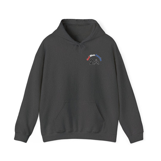 A black God Bless America 2A hoodie, featuring a logo, kangaroo pocket, and drawstring hood. Unisex heavy blend sweatshirt made of cotton and polyester for comfort and warmth. Classic fit, tear-away label, true to size.