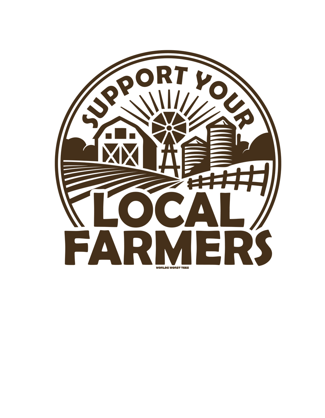 Unisex Support Your Local Farmer Tee sweatshirt with farm logo and windmill graphic. 80% ring-spun cotton, 20% polyester, relaxed fit, medium-heavy fabric. Ideal for farm enthusiasts.