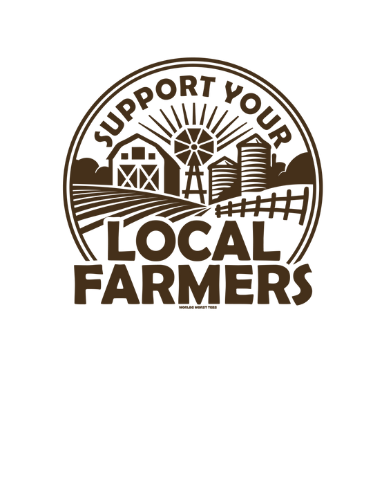 Unisex Support Your Local Farmer Tee sweatshirt with farm logo and windmill graphic. 80% ring-spun cotton, 20% polyester, relaxed fit, medium-heavy fabric. Ideal for farm enthusiasts.