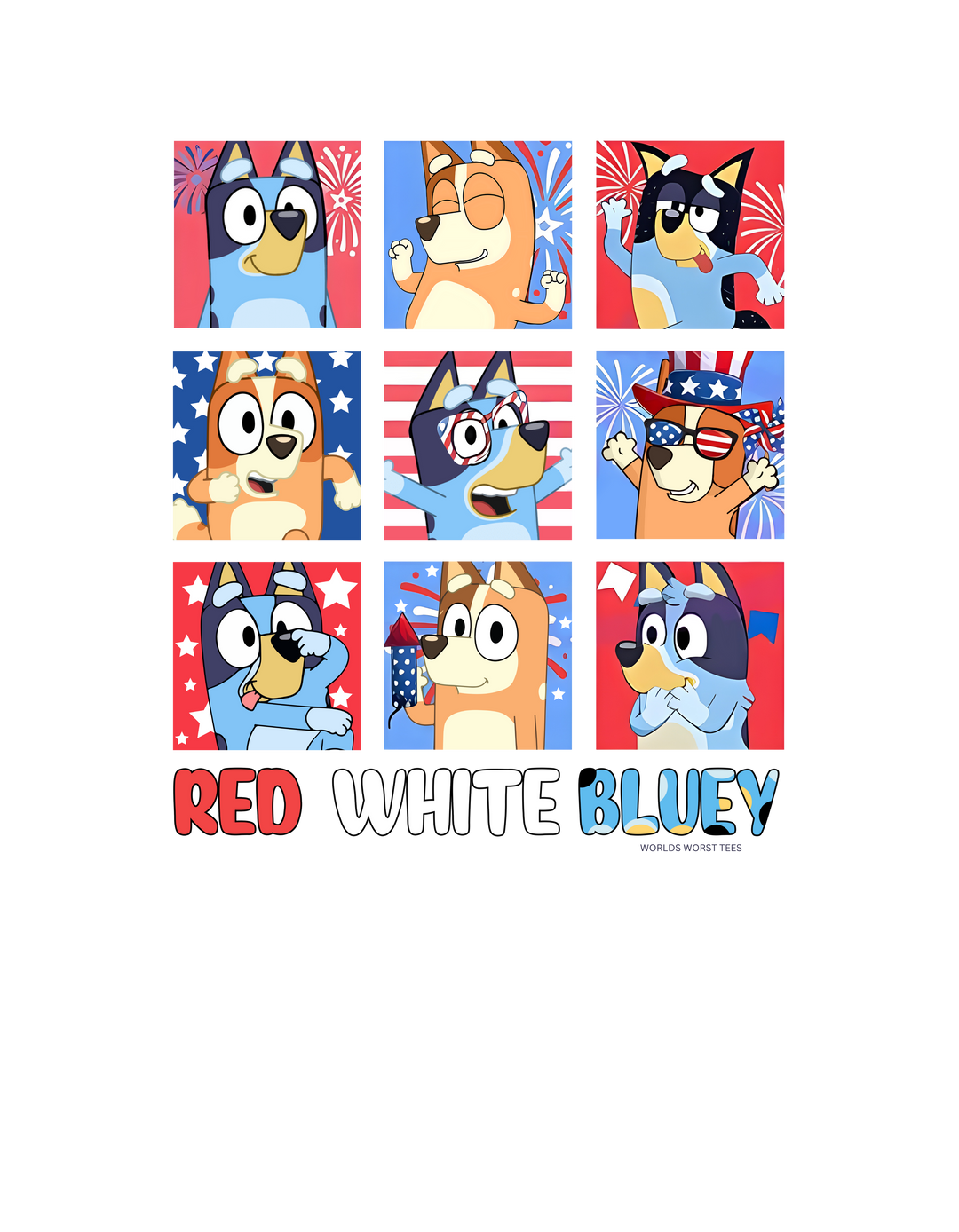 Red White and Bluey Toddler Tee featuring a cartoon dog design, perfect for sensitive skin. Made of 100% combed ringspun cotton, light fabric, tear-away label, and a classic fit. Ideal for first adventures.