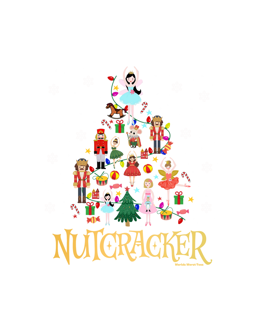 A Nutcracker Crew sweatshirt featuring a Christmas tree made of cartoon characters. Unisex heavy blend for comfort, ribbed knit collar, 50% cotton, 50% polyester, loose fit, medium-heavy fabric. Sizes S-5XL.