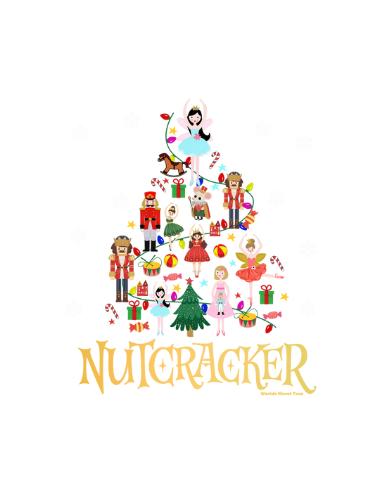 A Nutcracker Crew sweatshirt featuring a Christmas tree made of cartoon characters. Unisex heavy blend for comfort, ribbed knit collar, 50% cotton, 50% polyester, loose fit, medium-heavy fabric. Sizes S-5XL.