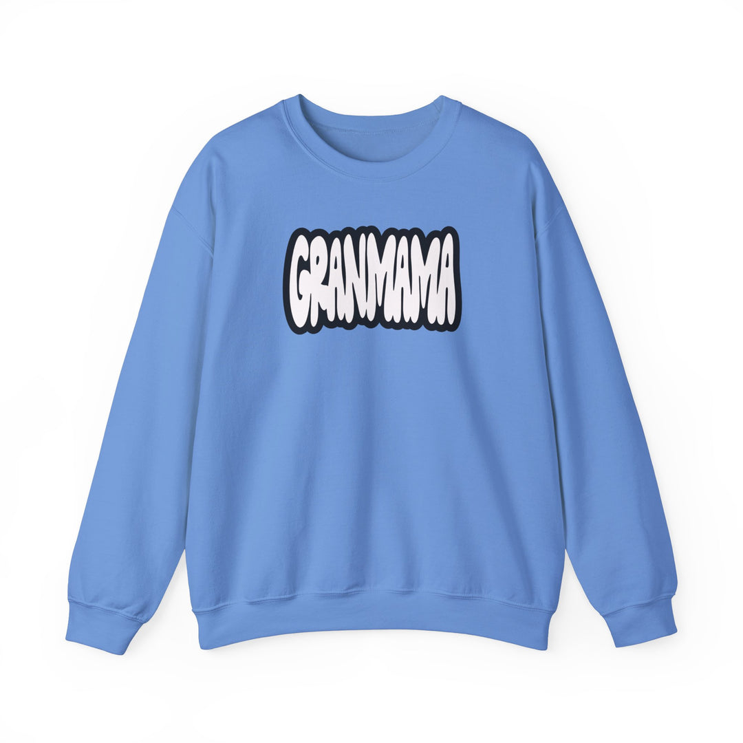 Granmama Crew unisex heavy blend crewneck sweatshirt, featuring white text on blue fabric. Ribbed knit collar, no itchy side seams, 50% cotton, 50% polyester, loose fit, medium-heavy fabric.