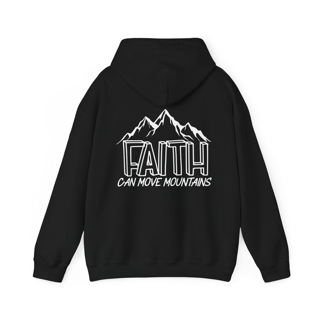 A black unisex heavy blend hooded sweatshirt with white text, featuring a mountain logo. Made of 50% cotton, 50% polyester for warmth and comfort. Kangaroo pocket and matching drawstring. Faith Can Move Mountains Hoodie by Worlds Worst Tees.