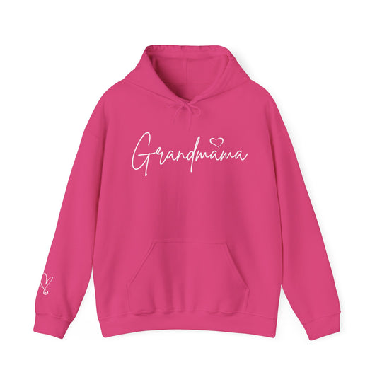 A pink Grandmama Hoodie, a cozy blend of cotton and polyester, featuring a kangaroo pocket and drawstring hood. Unisex, medium-heavy fabric with a classic fit. Ideal for printing.