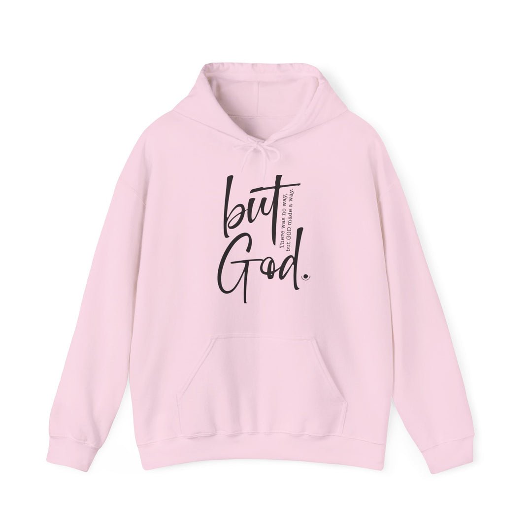 A pink unisex heavy blend hooded sweatshirt featuring black text, a kangaroo pocket, and a matching drawstring. Made of 50% cotton and 50% polyester, this cozy, classic fit hoodie is perfect for cold days.