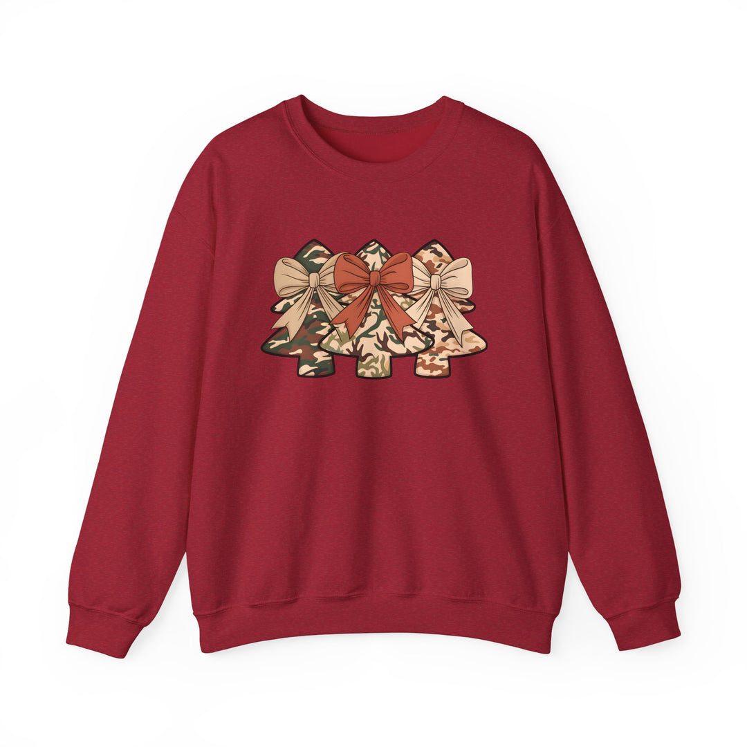 Camo Christmas Trees Crew: Red crewneck sweatshirt featuring three camo-patterned Christmas trees with bows, offering comfort with its cotton-polyester blend and ribbed collar.