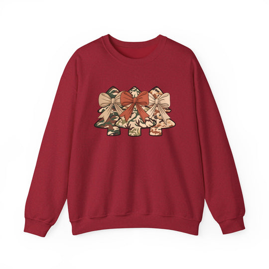 Camo Christmas Trees Crew: Red crewneck sweatshirt featuring three camo-patterned Christmas trees with bows, offering comfort with its cotton-polyester blend and ribbed collar.