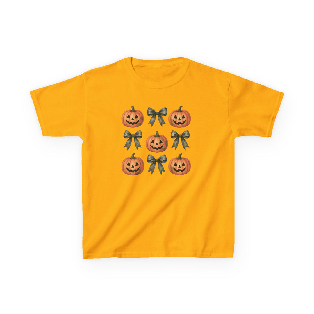 Jack and Bow Kids Tee: Bright yellow T-shirt featuring a 3x3 grid of alternating Halloween jack-o’-lanterns and dark-gray ribbon bows, perfect for everyday wear.