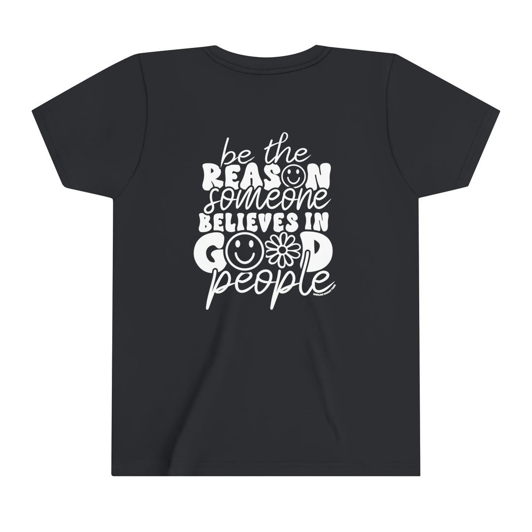 Youth black tee with white text, ideal for kids. Lightweight, ring-spun cotton for comfort. Features tear away label, ribbed collar, and side seams for shape. Perfect canvas for custom artwork.