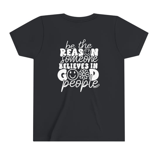 Youth black tee with white text, ideal for kids. Lightweight, ring-spun cotton for comfort. Features tear away label, ribbed collar, and side seams for shape. Perfect canvas for custom artwork.
