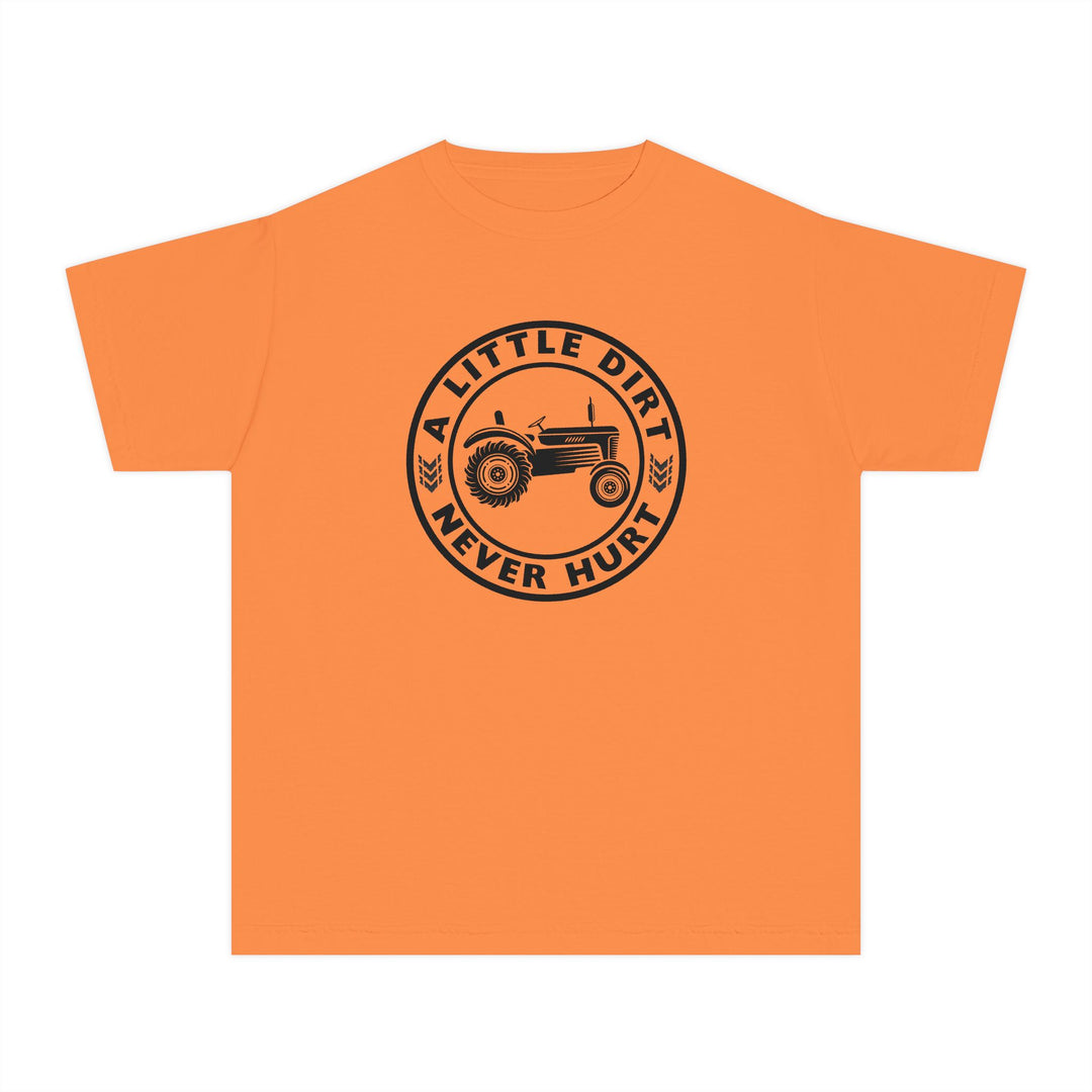 Bright orange kids' tee with a black emblem featuring a vintage tractor and wheat, captioned A LITTLE DIRT NEVER HURT, highlighting play-friendly comfort.