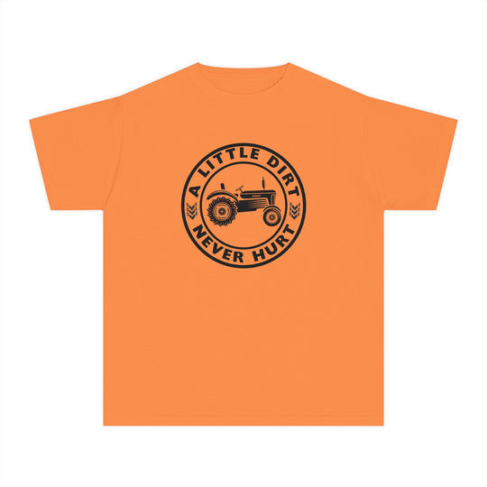 Bright orange kids' tee with a black emblem featuring a vintage tractor and wheat, captioned A LITTLE DIRT NEVER HURT, highlighting play-friendly comfort.