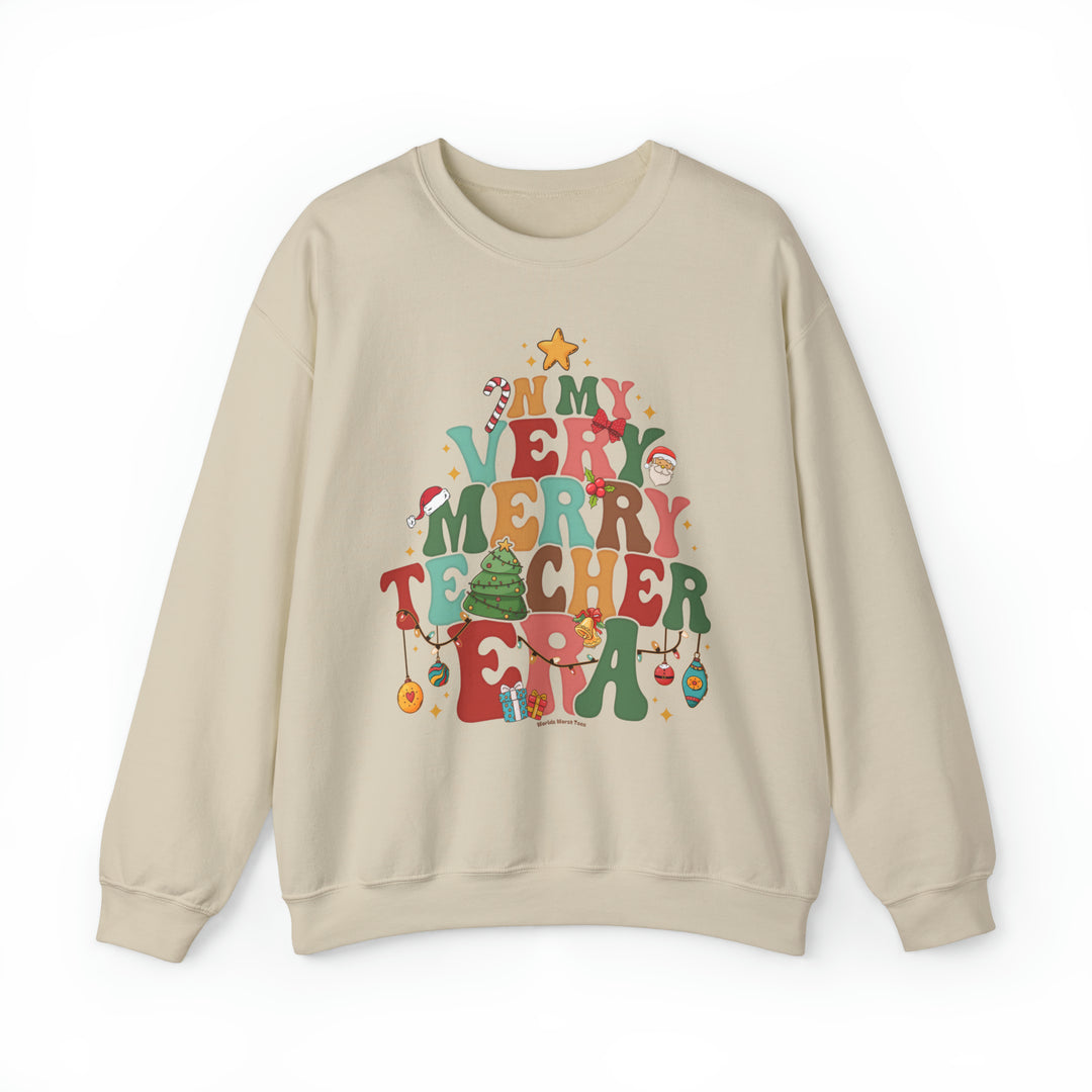 Unisex Verry Merry Teacher Crew sweatshirt with graphic design. Cotton-polyester blend, ribbed knit collar, loose fit, no itchy seams. Medium-heavy fabric, sewn-in label. Sizes S-5XL.
