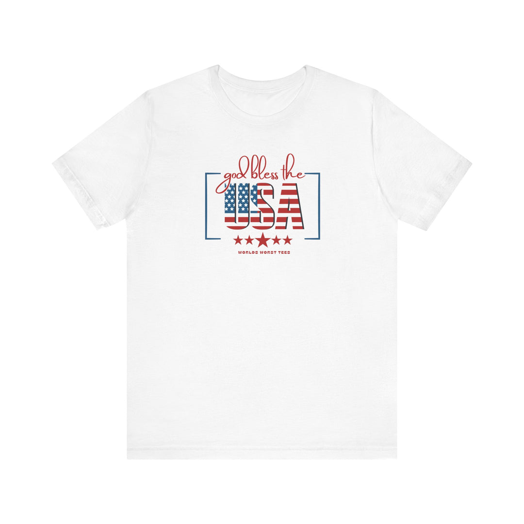 Unisex God Bless the USA Tee: White shirt with red and blue patriotic text, stars, and stripes. Airlume combed cotton, retail fit, ribbed collars, and dual side seams for durability. Sizes XS to 3XL.