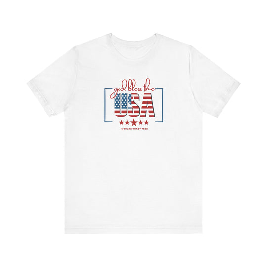 Unisex God Bless the USA Tee: White shirt with red and blue patriotic text, stars, and stripes. Airlume combed cotton, retail fit, ribbed collars, and dual side seams for durability. Sizes XS to 3XL.