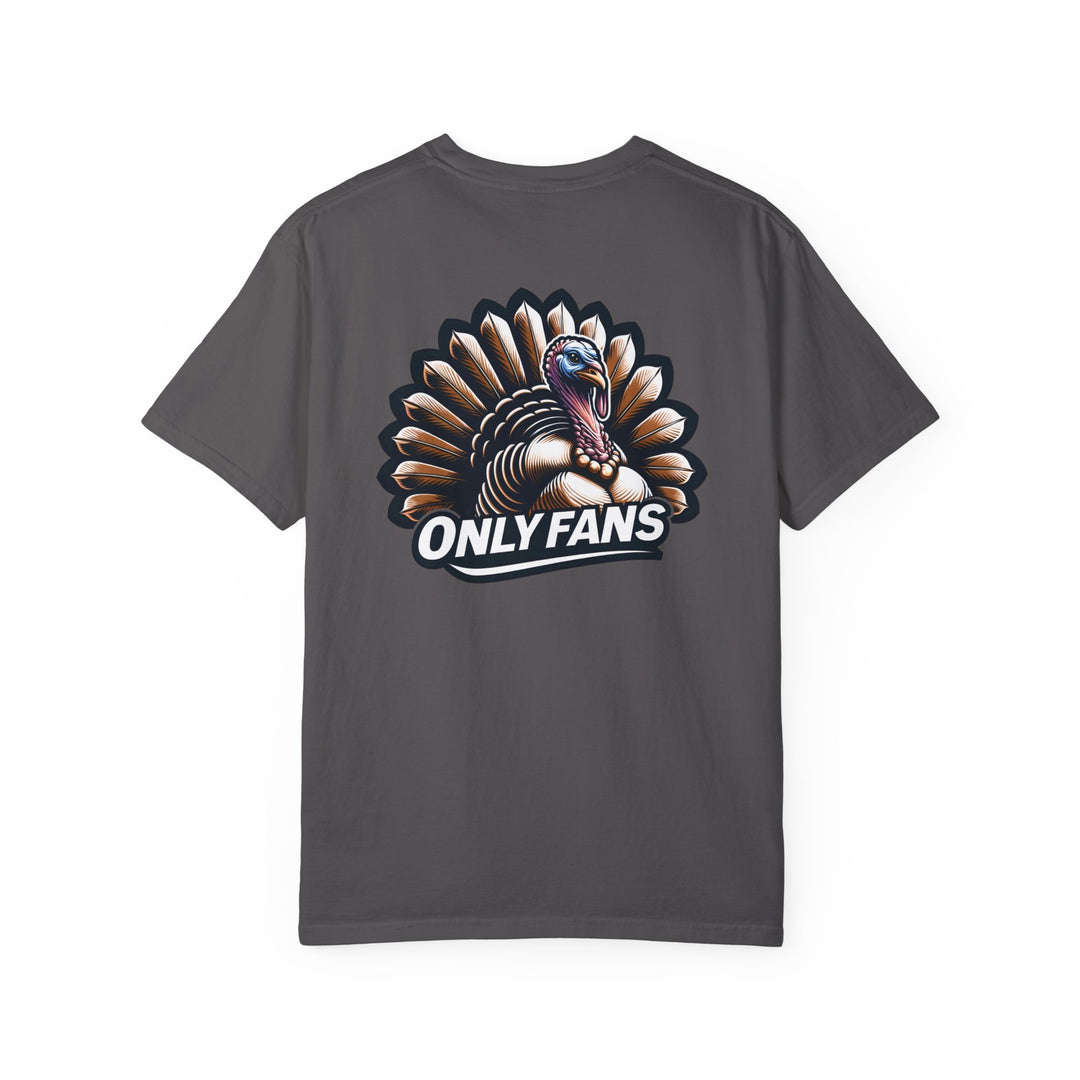 A relaxed fit garment-dyed tee featuring a turkey design, made of 100% ring-spun cotton for coziness. Double-needle stitching ensures durability. From Worlds Worst Tees, the Only Fans Hunting Tee.