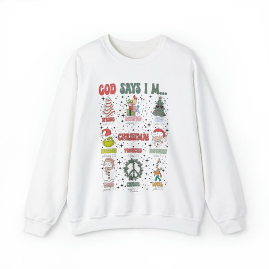 A white crewneck sweatshirt featuring various designs: a Christmas tree, Santa Claus, snowman, and peace sign. Unisex, heavy blend fabric with ribbed knit collar for comfort. God Says I'm Crew label.