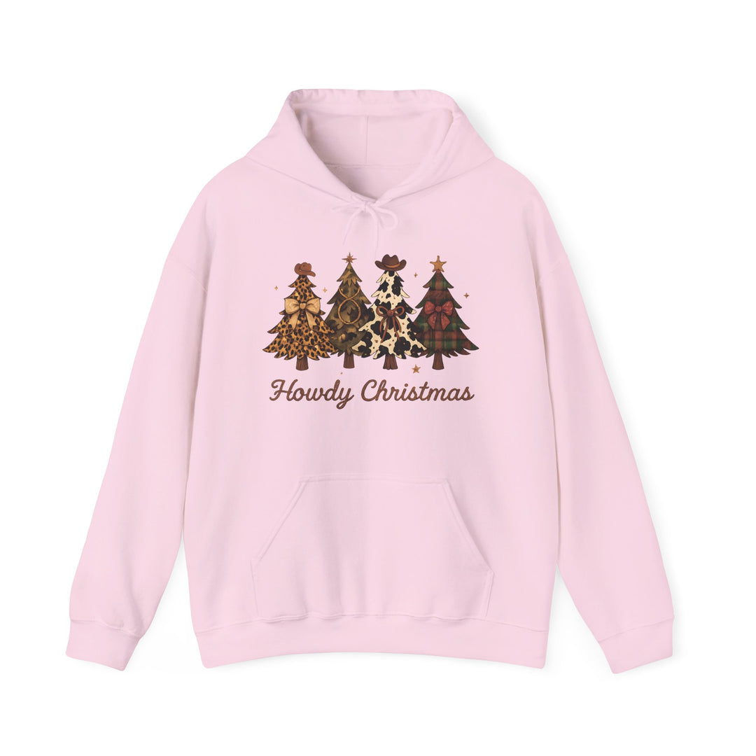 Howdy Christmas Hoodie featuring four patterned Christmas trees with stars or hats, a kangaroo pocket, and a cozy blend of cotton and polyester.