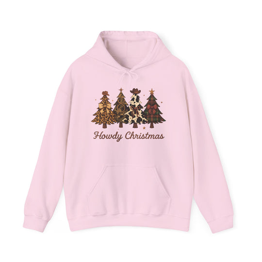 Howdy Christmas Hoodie featuring four patterned Christmas trees with stars or hats, a kangaroo pocket, and a cozy blend of cotton and polyester.