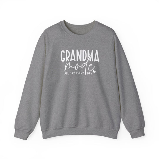 Unisex Grandma Mode Crew sweatshirt in grey with white text. Heavy blend fabric, ribbed knit collar, no itchy side seams. 50% cotton, 50% polyester, loose fit, true to size.