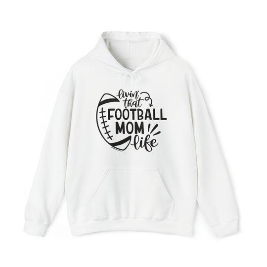 A staple Football Mom Life Hoodie in white with black text. Unisex heavy cotton tee with ribbed knit collar, no side seams, and durable tape on shoulders. Classic fit, medium weight fabric.